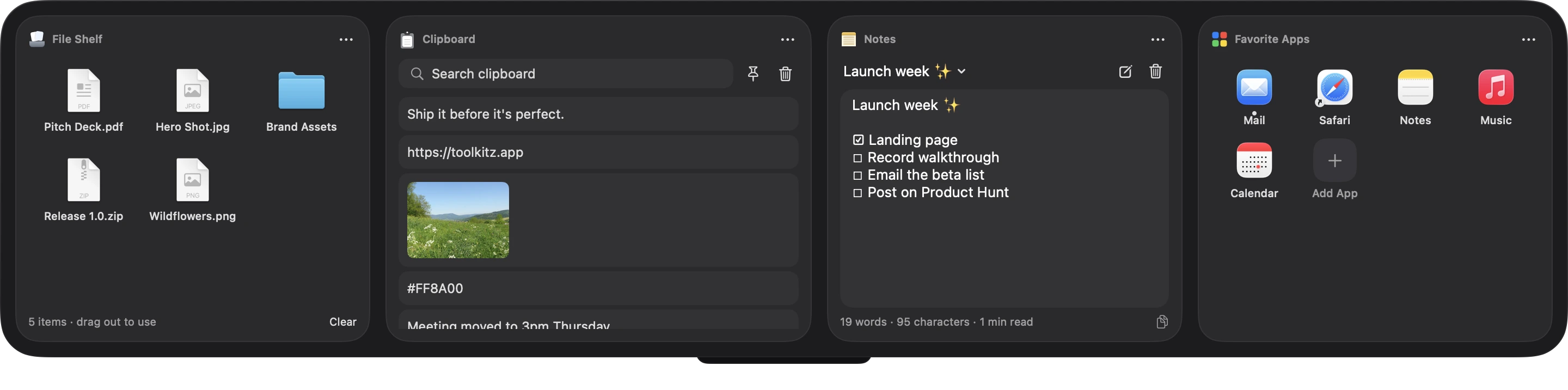ToolKITZ panel with File Shelf, Clipboard, Notes and Favorite Apps